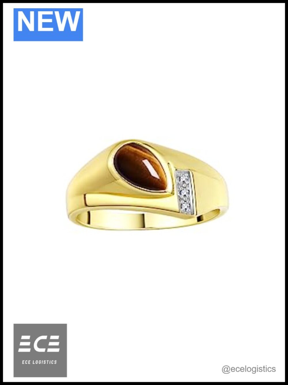 Pear Cabochon Tiger Eye & Diamond Ring Yellow Gold Plated Silver Mens